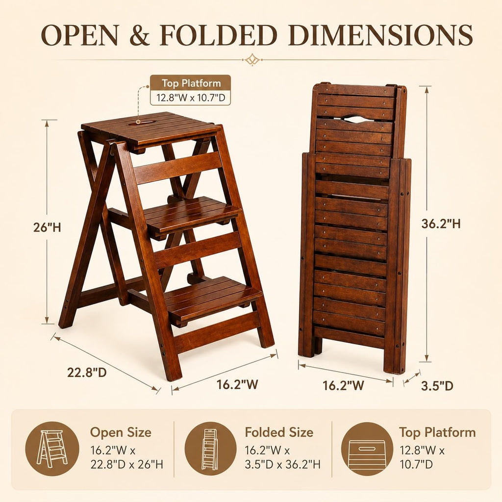 Solid Oak 3 Step Folding Ladder 330 lbs Capacity Wooden Step Stool M458
