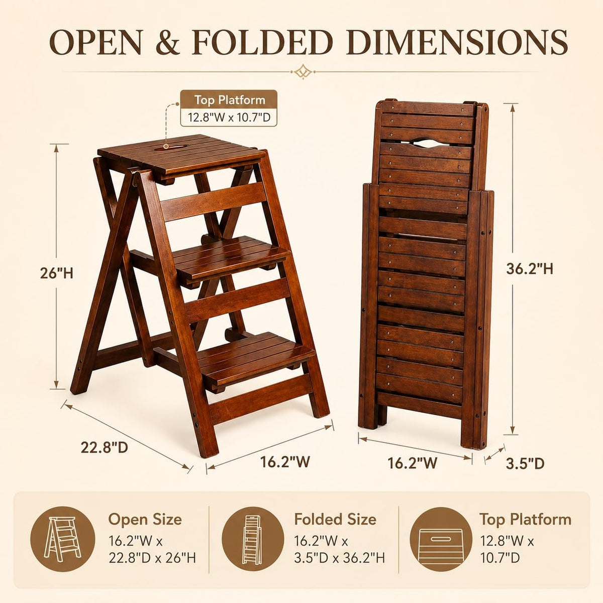 Solid Oak 3 Step Folding Ladder 330 lbs Capacity Wooden Step Stool M458