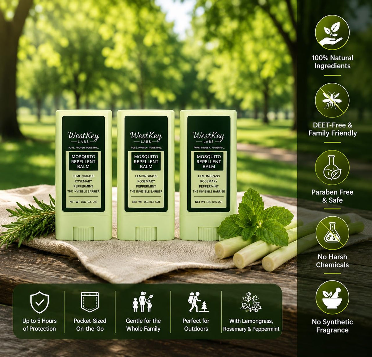 Mosquito Repellent Balm Stick 3-Pack 0.5oz DEET-Free Plant-Based G92497
