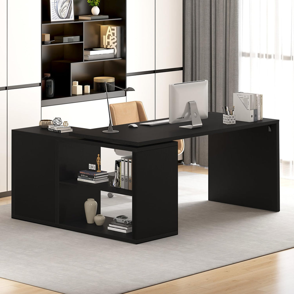 Black L Shaped Wood Computer Desk with Storage O6162