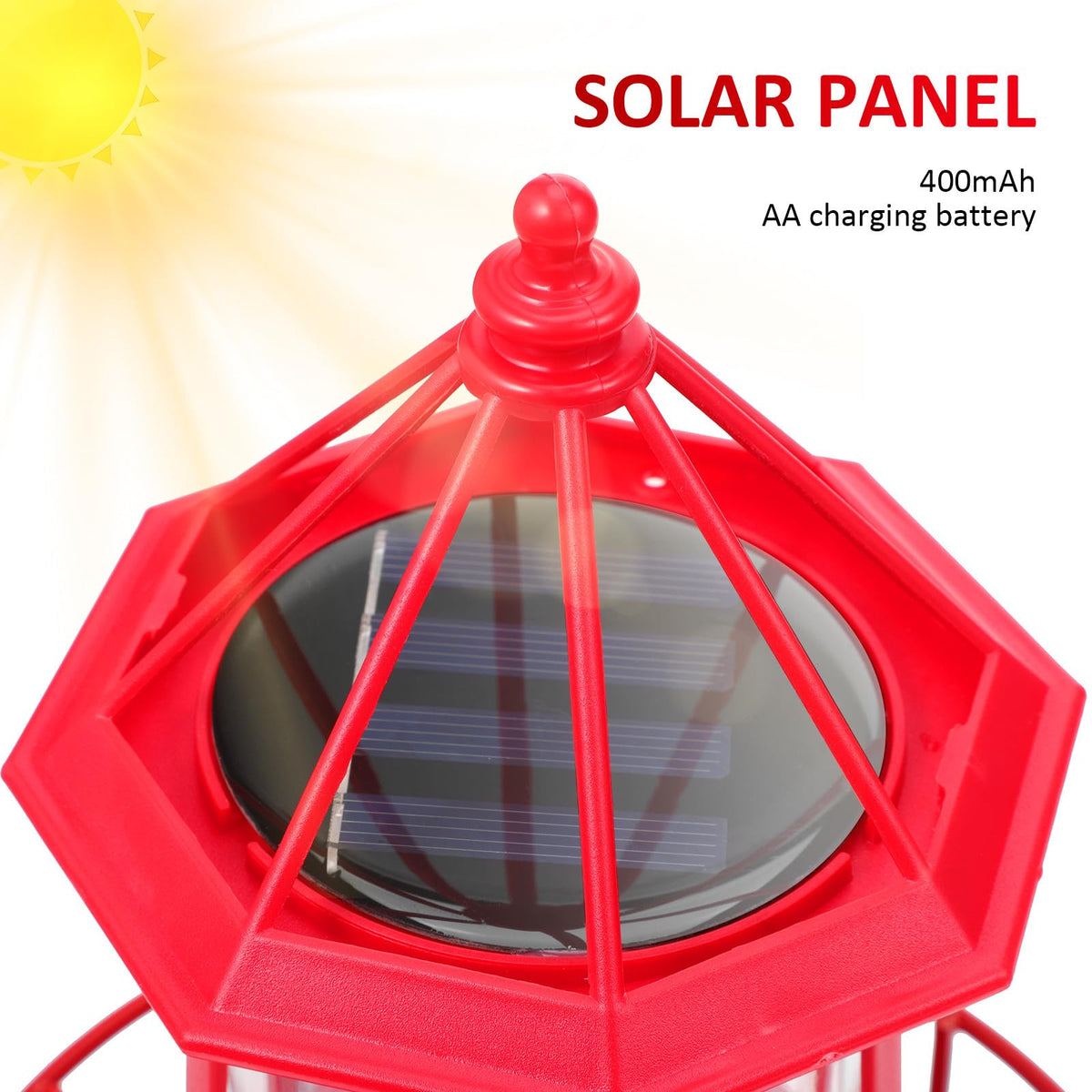 Solar Powered Red Lighthouse Figurine with Rotating Garden Light C323929