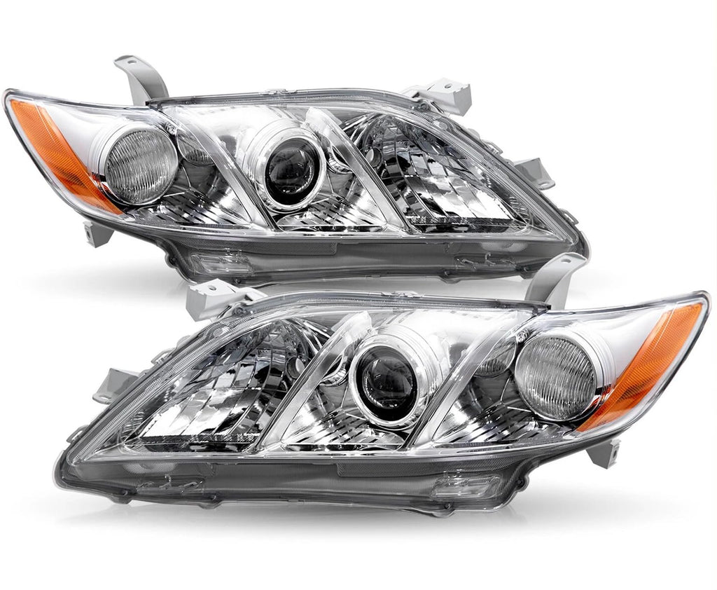 Pair Headlights Assembly Compatible With 2007-2009 Toyota Camry Driver Passenger Side Halogen Chrome Housing Clear Lens T2605