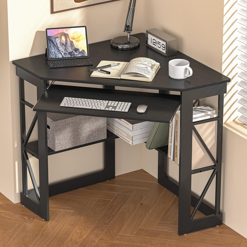 Black Corner Computer Desk with Keyboard Tray J12032