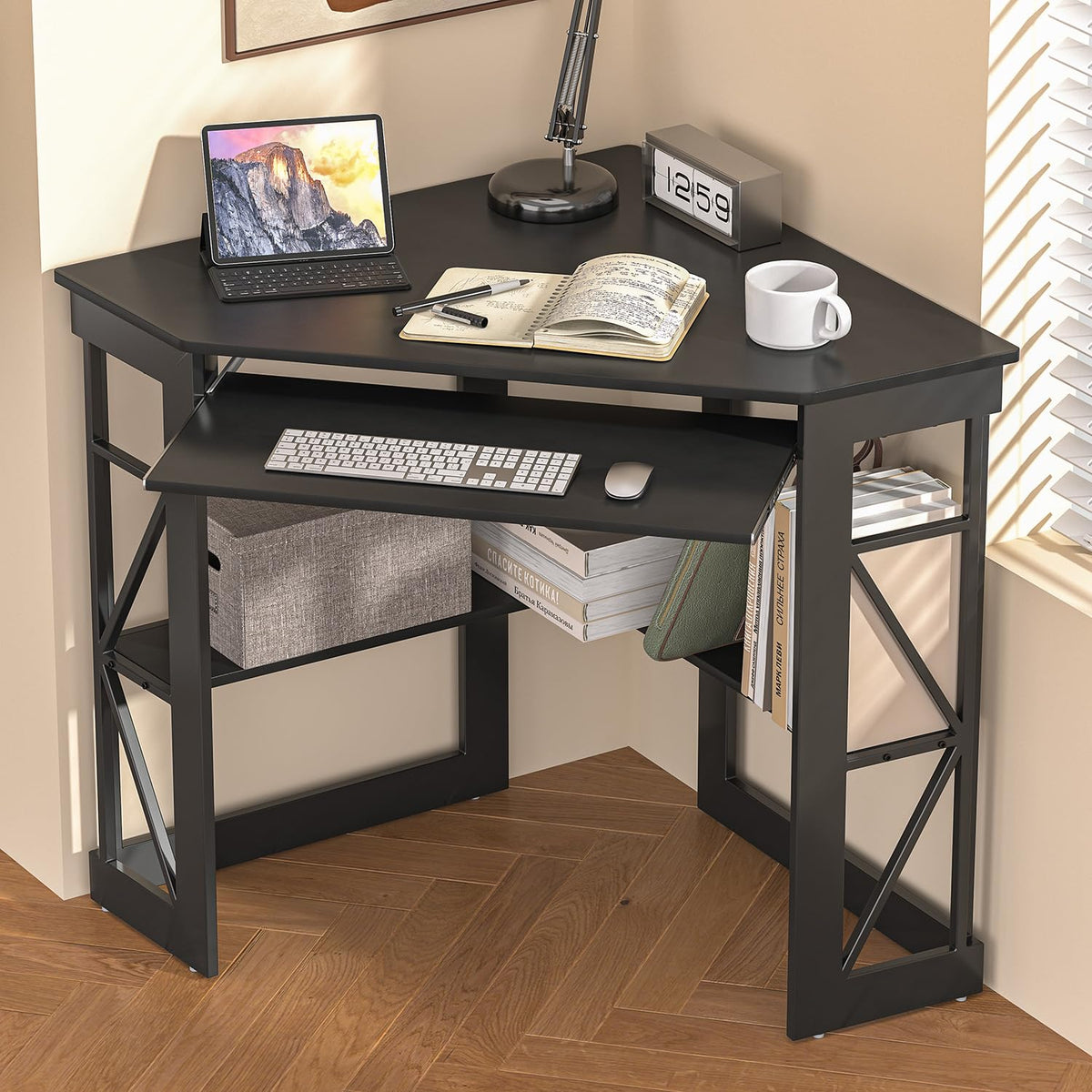 Black Corner Computer Desk with Keyboard Tray J12032