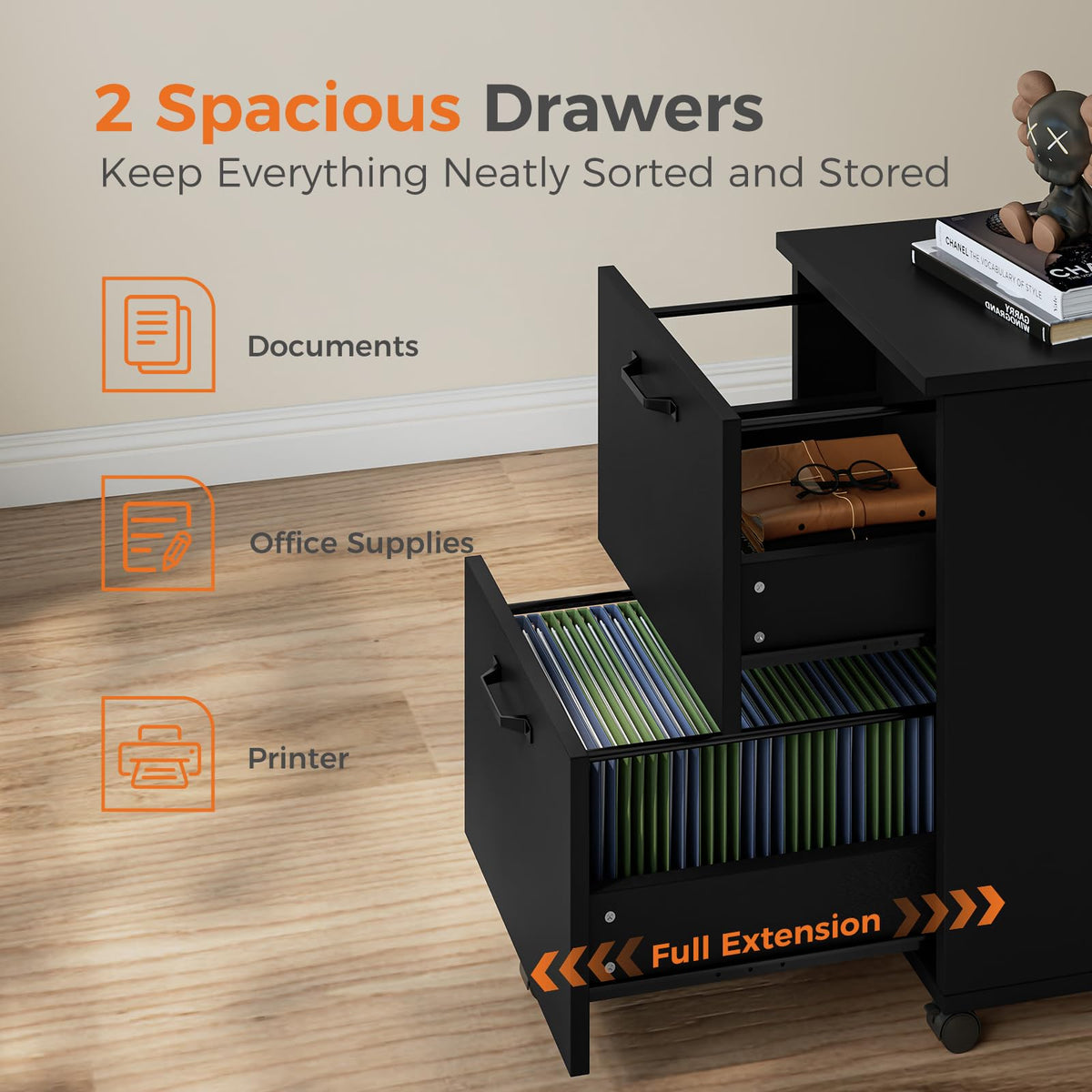 Black 2 Drawer Rolling Wood Filing Cabinet Z480