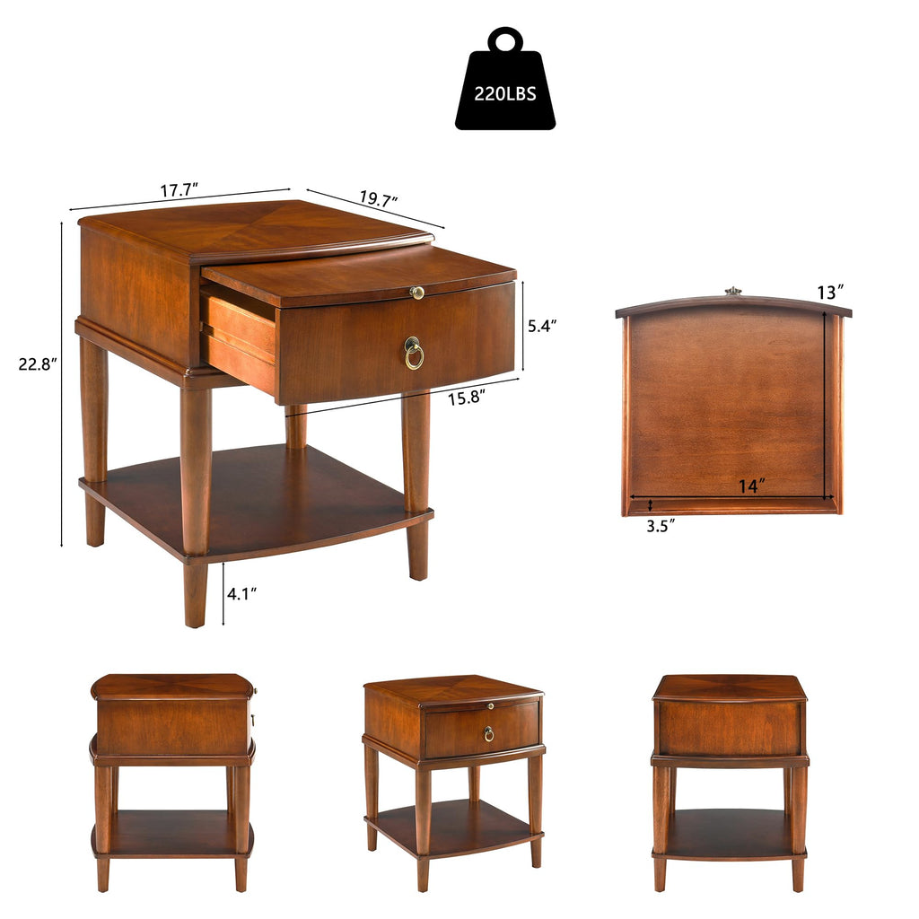 Large Cherry Wood 2-Tier Side Table with Drawer and Shelf E336