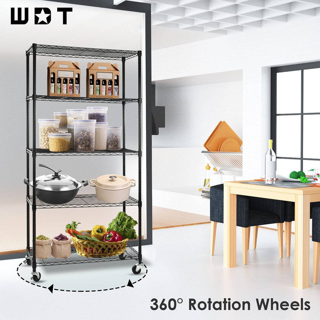 5-Shelf Adjustable Heavy Duty Metal Shelving Unit with Wheels, Black T60726