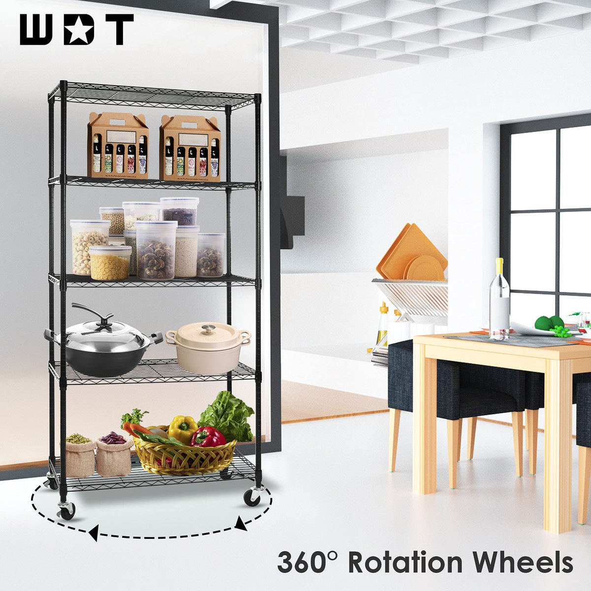 5-Shelf Adjustable Heavy Duty Metal Shelving Unit with Wheels, Black T60726