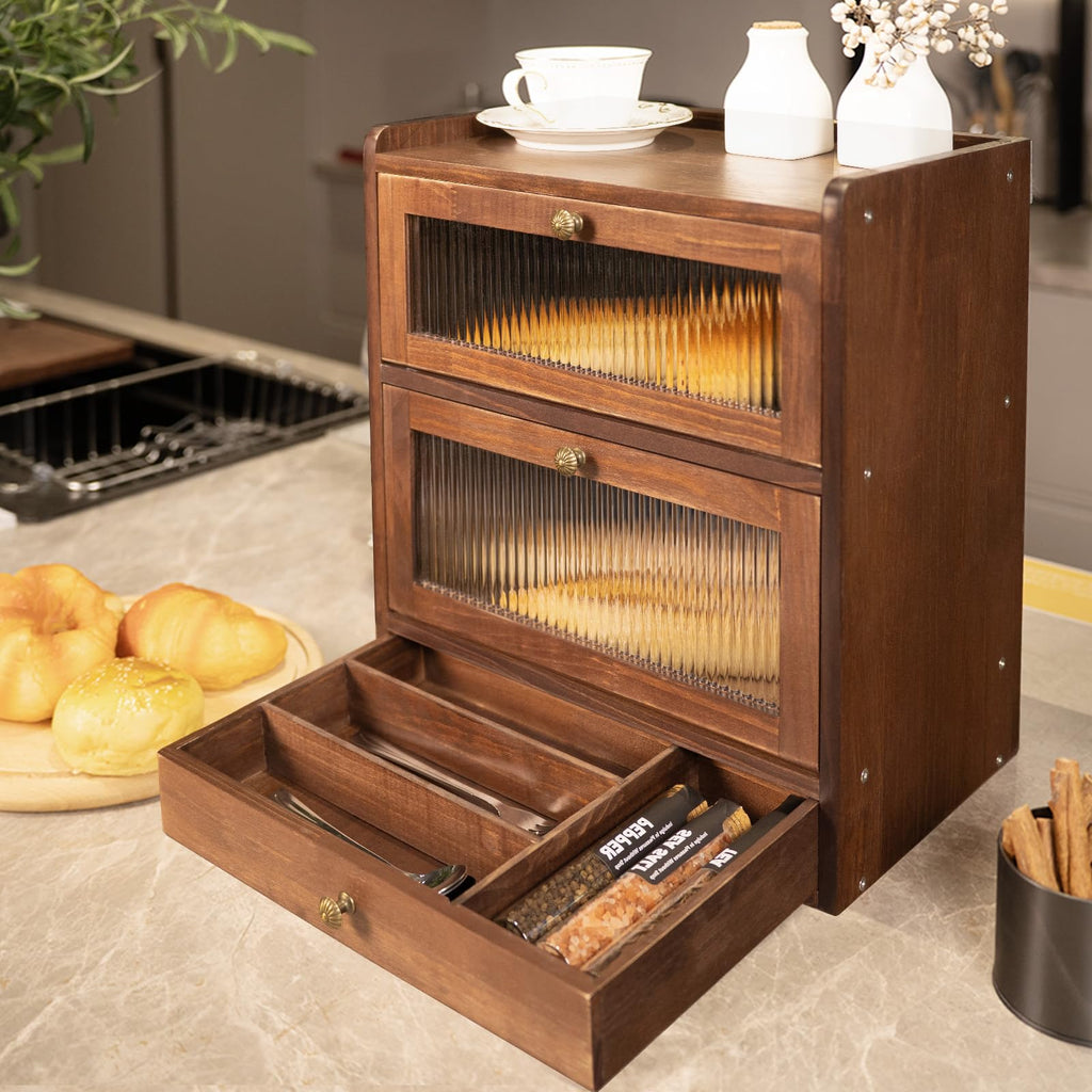 Wood Bread Box with Cutlery Drawer J475223