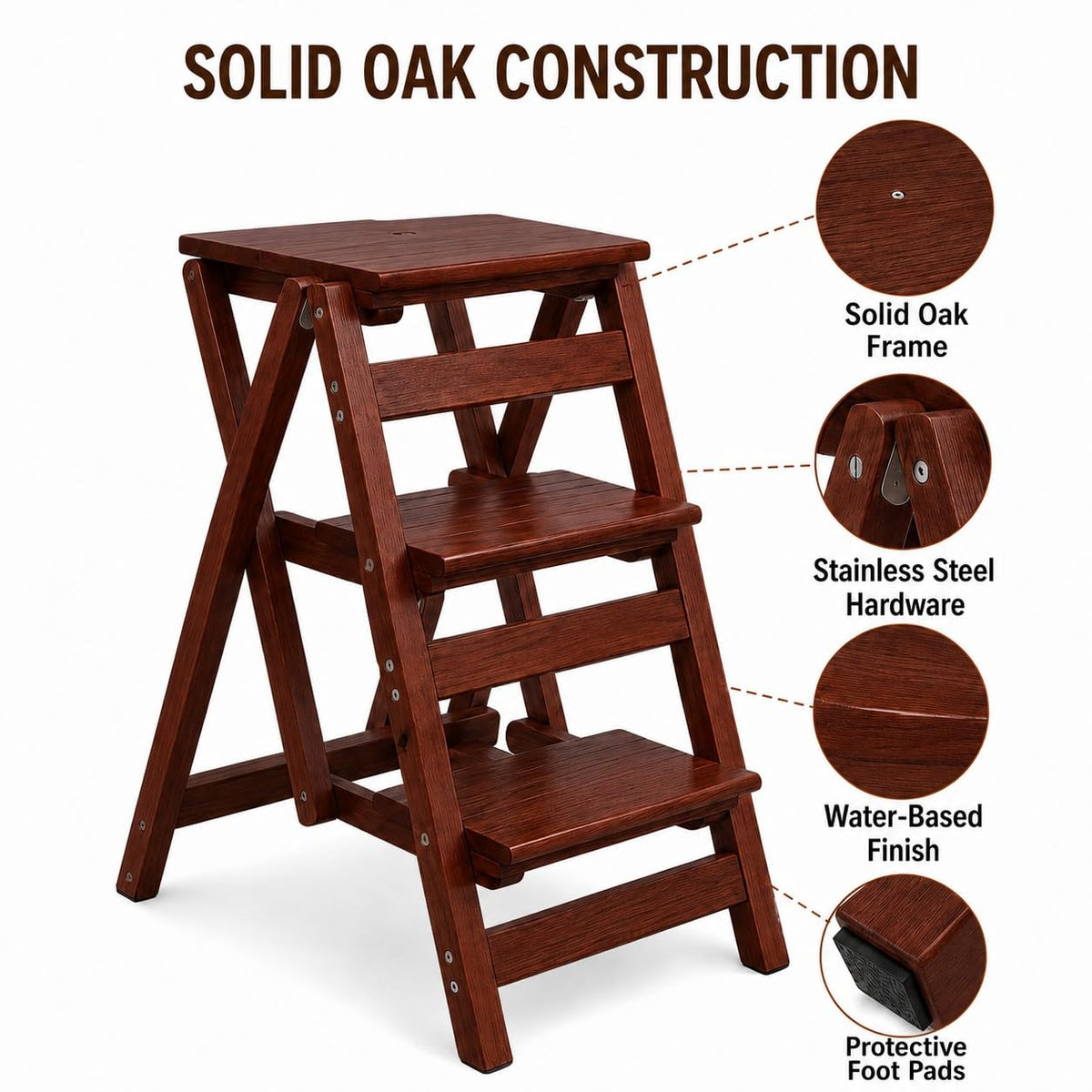 Solid Oak 3 Step Folding Ladder 330 lbs Capacity Wooden Step Stool M458