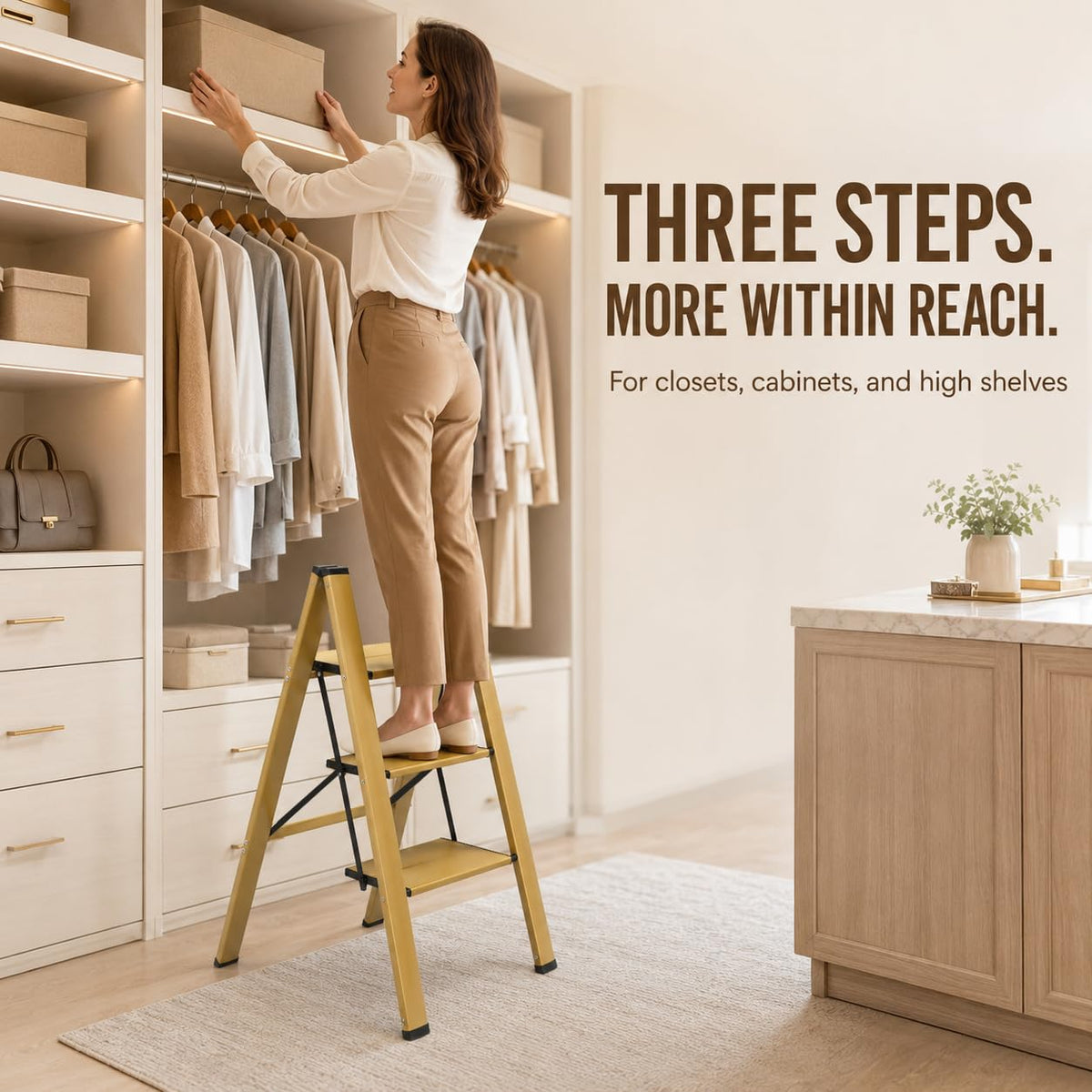Gold Aluminum 3 Step Folding Stool, 330 lb Capacity K466238