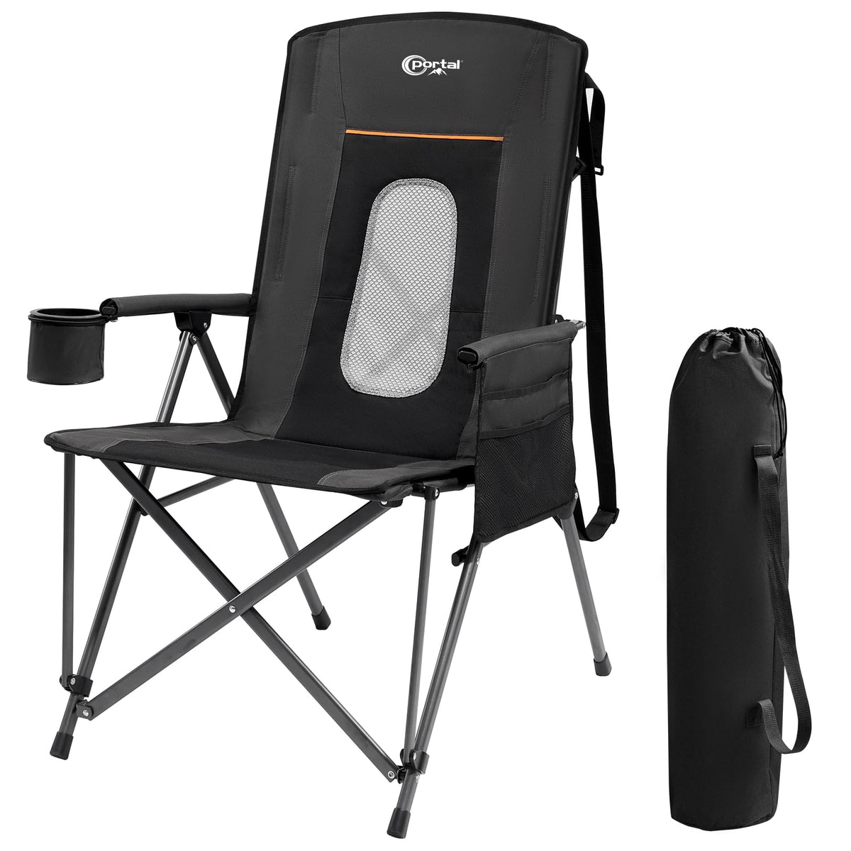 Oversized Folding Camping Chair with Cup Holder Black N7199