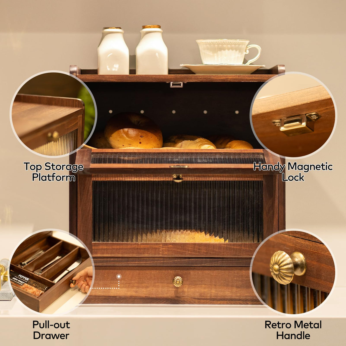 Wood Bread Box with Cutlery Drawer J475223