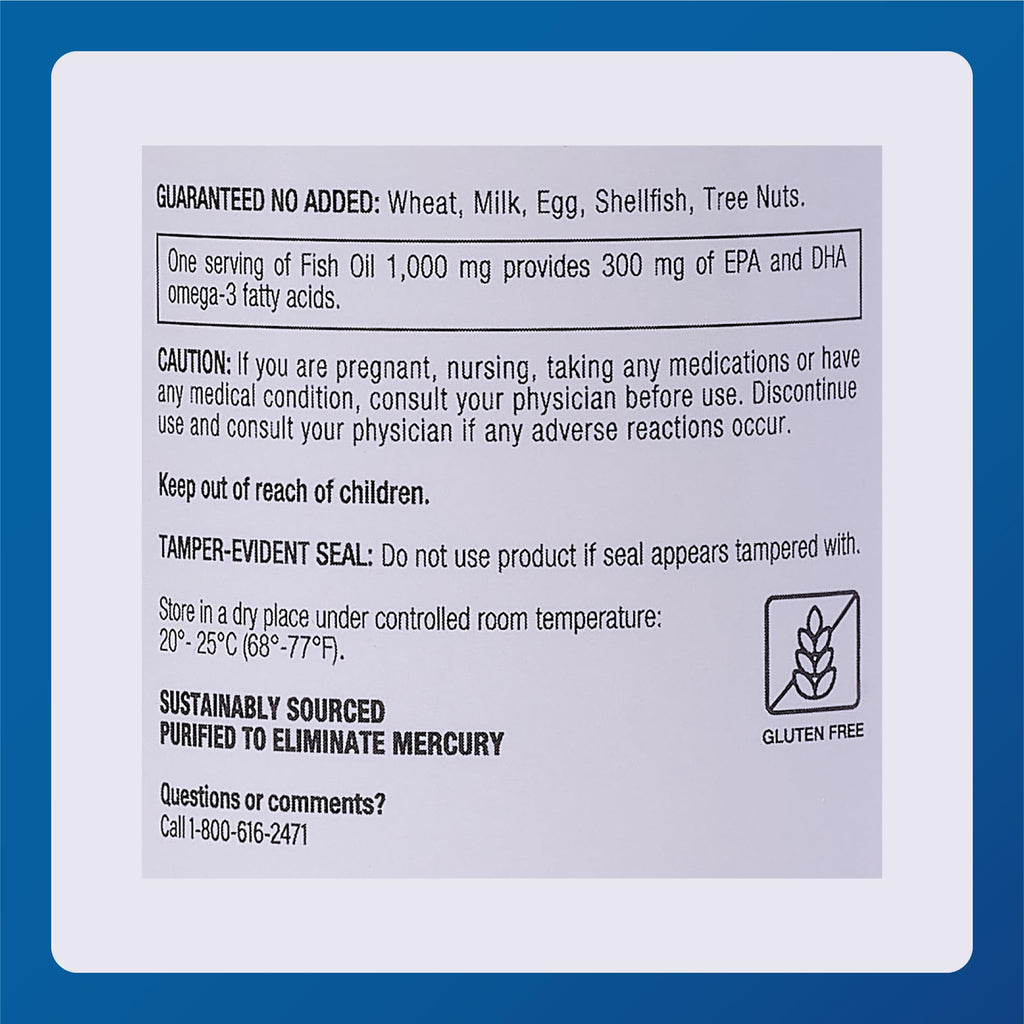 Omega-3 Fish Oil Supplement 1000mg 100 Softgels J91049