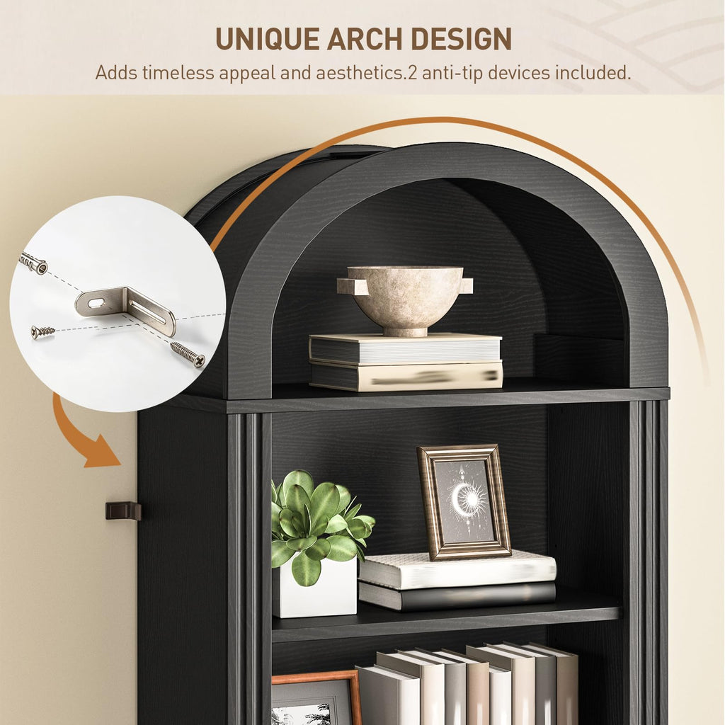 75.8" Tall Narrow 6-Tier Arched Wooden Bookshelf, Black A1733