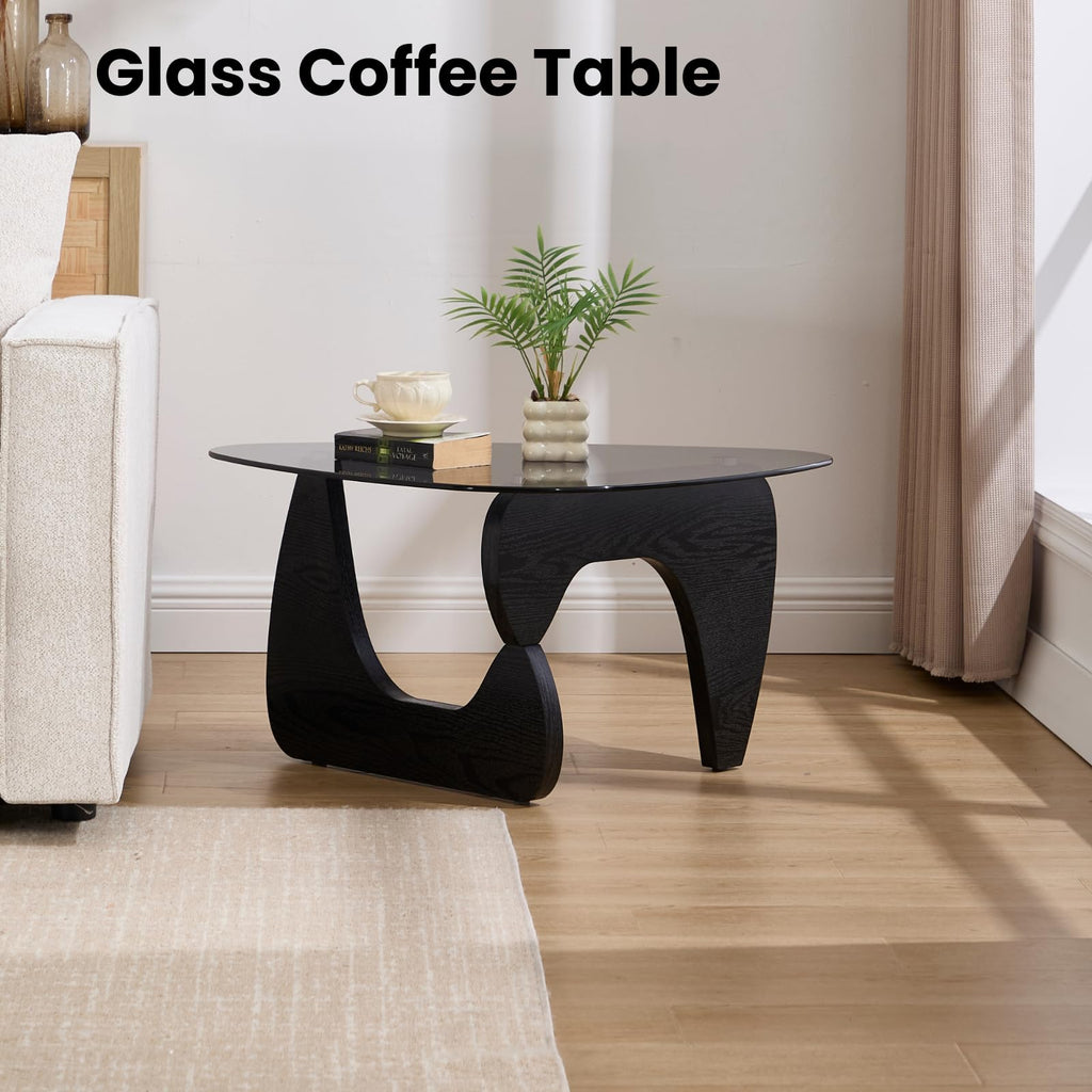 Modern Triangle Glass Coffee Table with Wood Base S59455