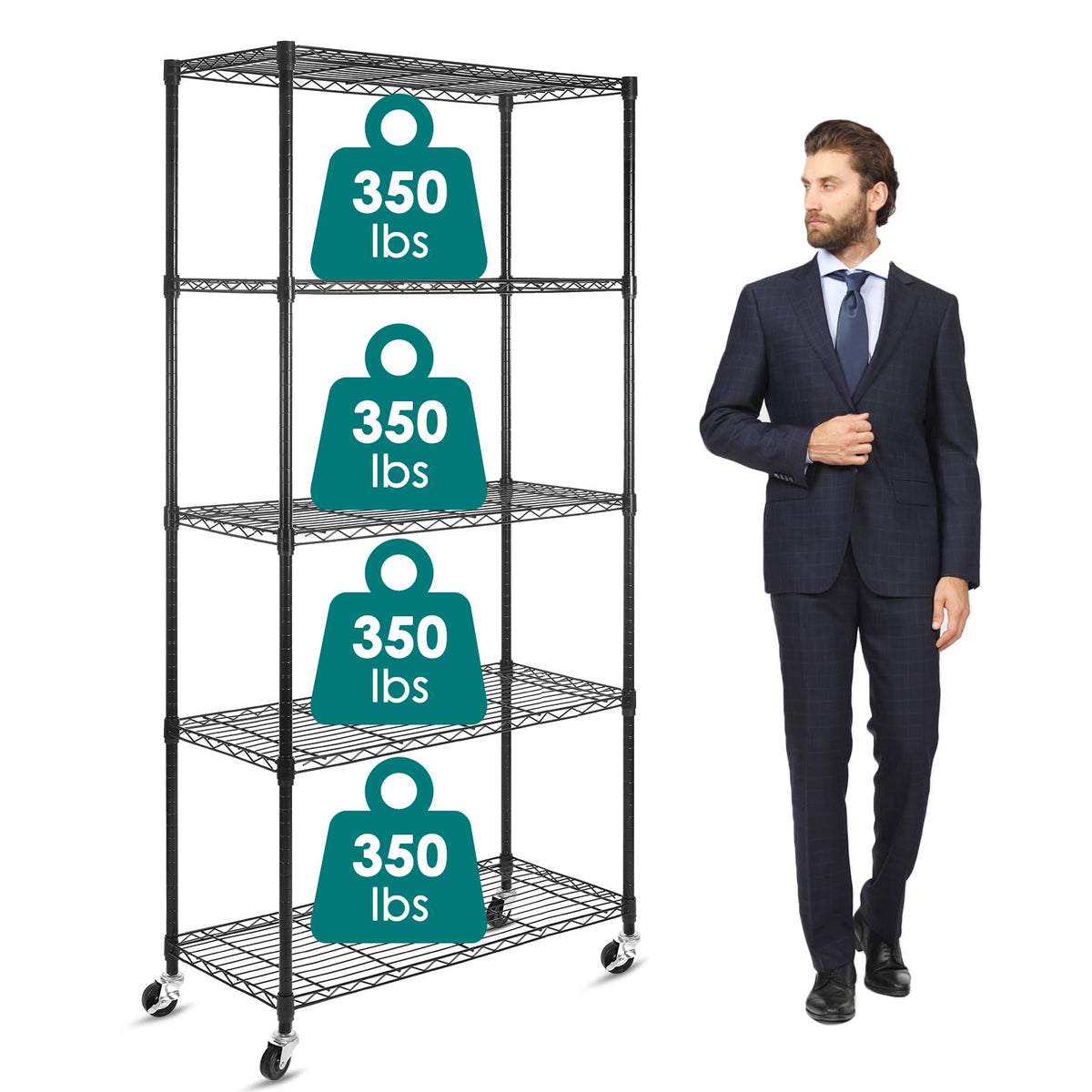 5-Shelf Adjustable Heavy Duty Metal Shelving Unit with Wheels, Black T60726