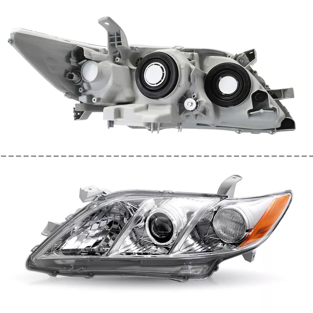 Pair Headlights Assembly Compatible With 2007-2009 Toyota Camry Driver Passenger Side Halogen Chrome Housing Clear Lens T2605