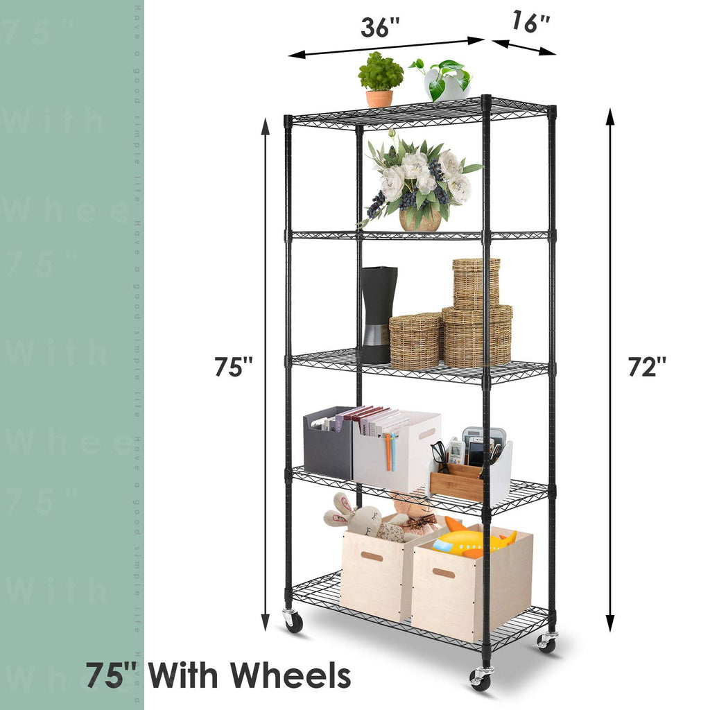 5-Shelf Adjustable Heavy Duty Metal Shelving Unit with Wheels, Black T60726