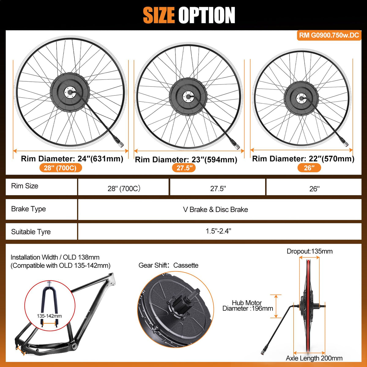 48V 750W Electric Bicycle Conversion Kit Rear Hub Motor Wheel W5127