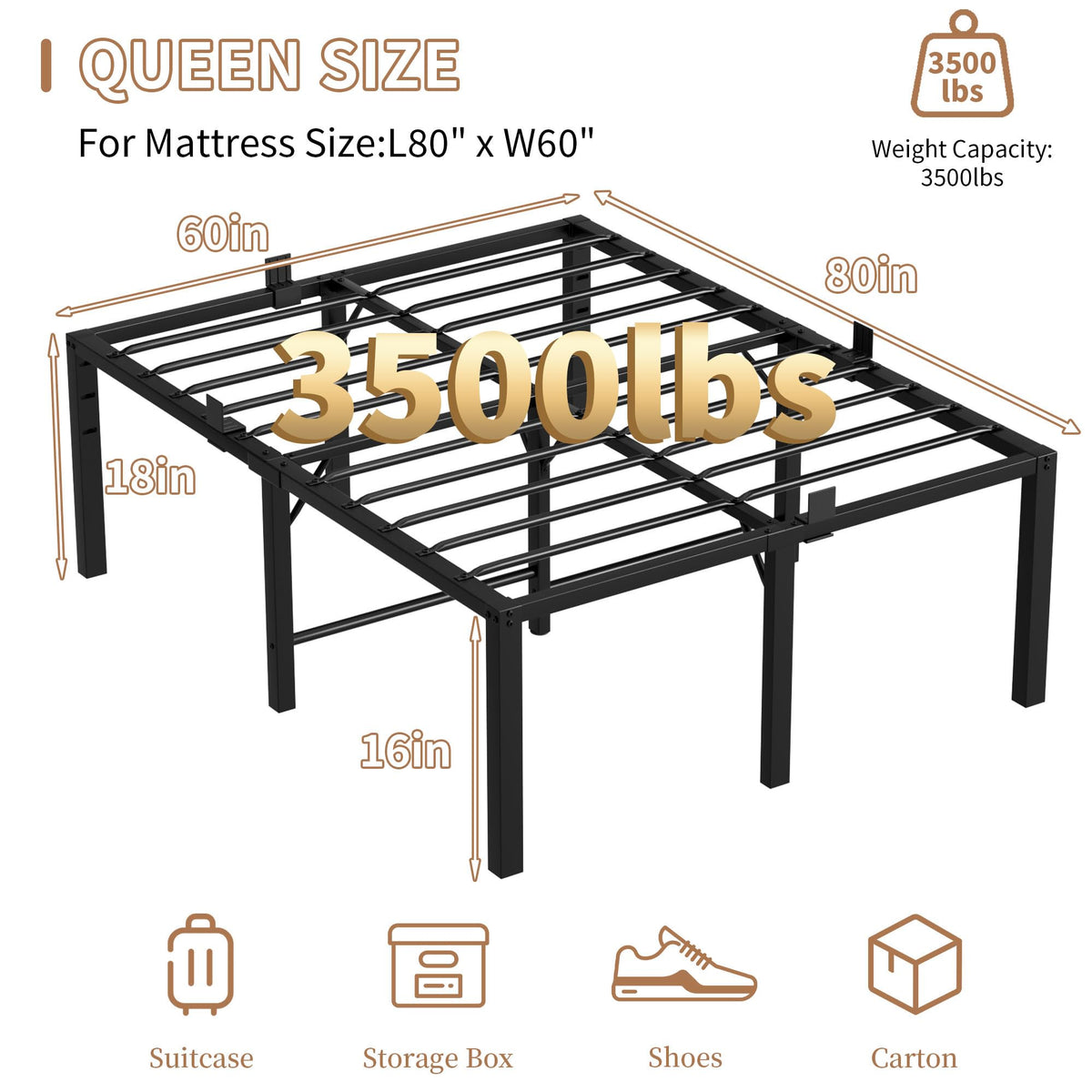 18 Inch Queen Size Black Metal Platform Bed Frame W357
