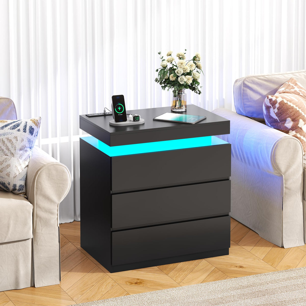 Nightstand with Charging Station, LED Lights, 3 Storage Drawers J5270