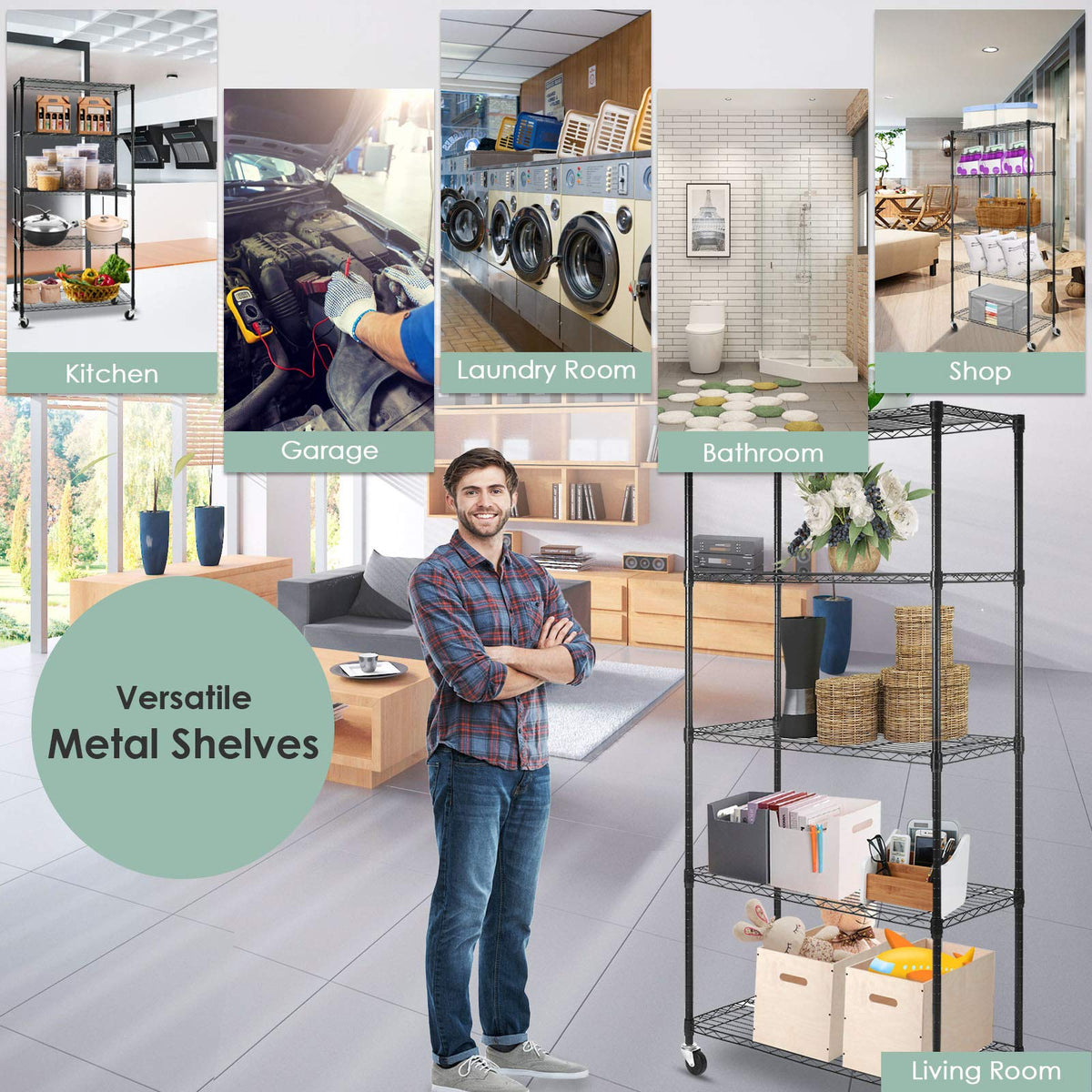 5-Shelf Adjustable Heavy Duty Metal Shelving Unit with Wheels, Black T60726