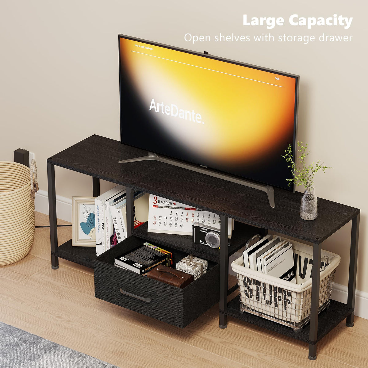 Black TV Stand with LED Lights and Fabric Drawer H94516