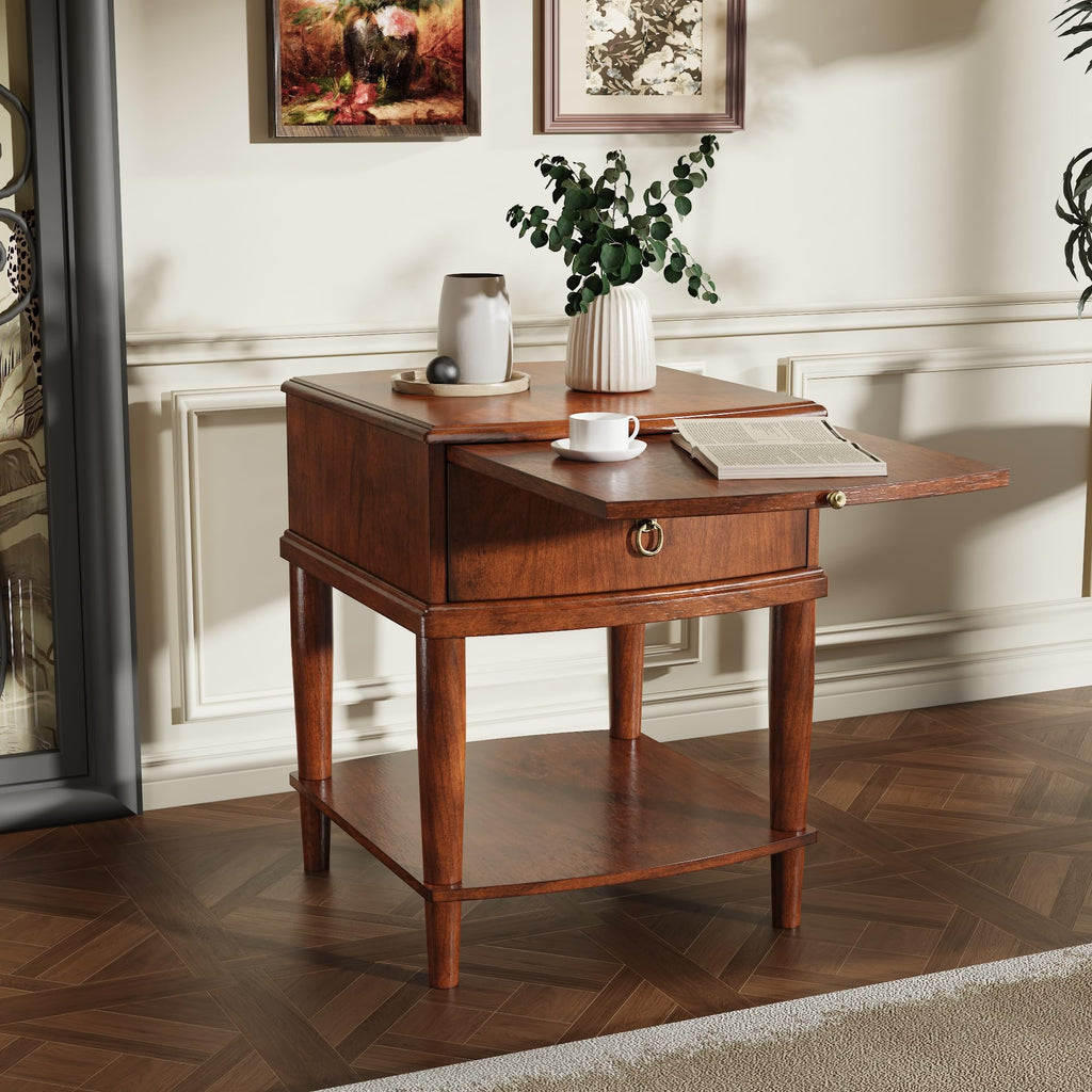 Large Cherry Wood 2-Tier Side Table with Drawer and Shelf E336