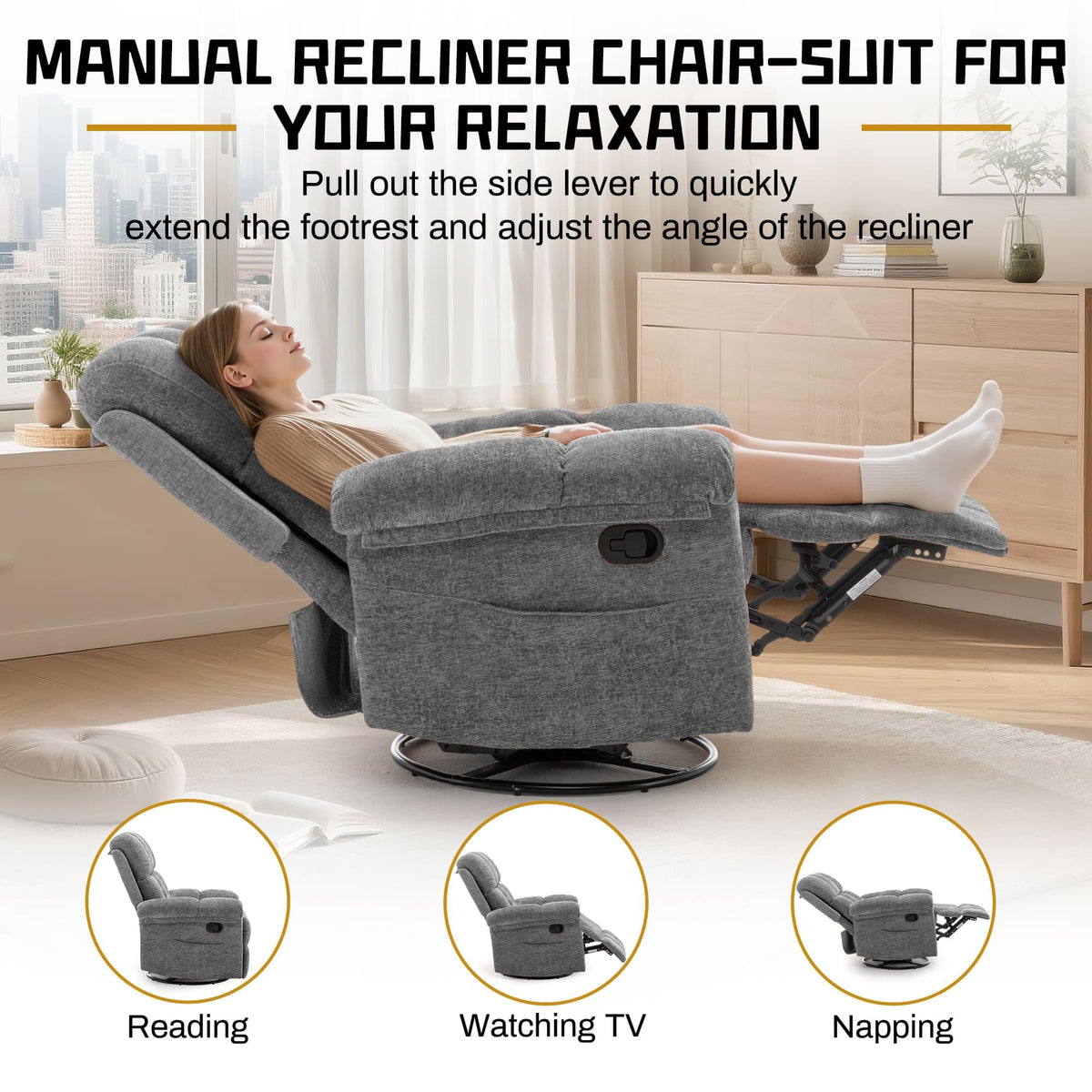 Grey Chenille Swivel Rocker Recliner Chair D9344