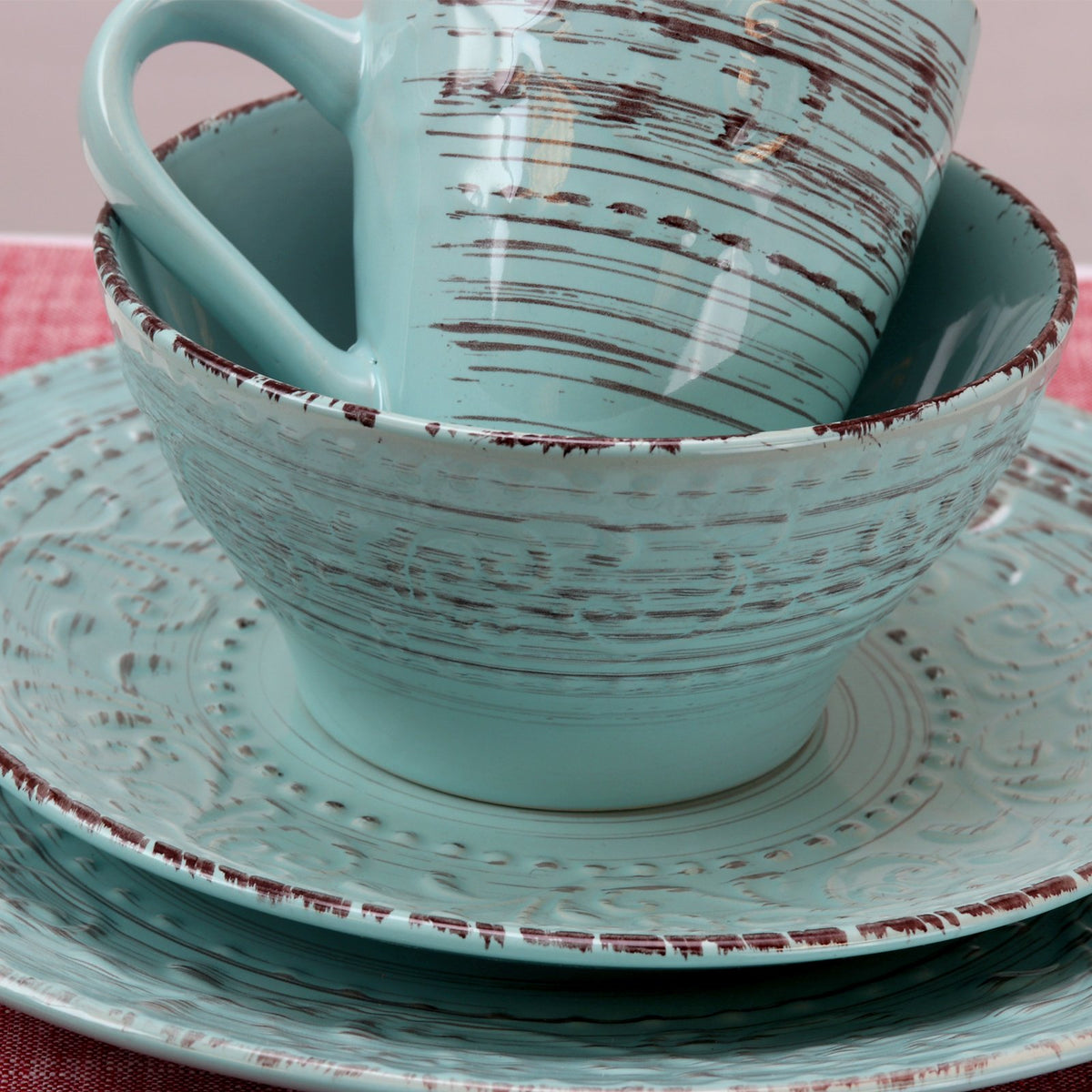Turquoise 16 Piece Embossed Stoneware Dish Set K4039