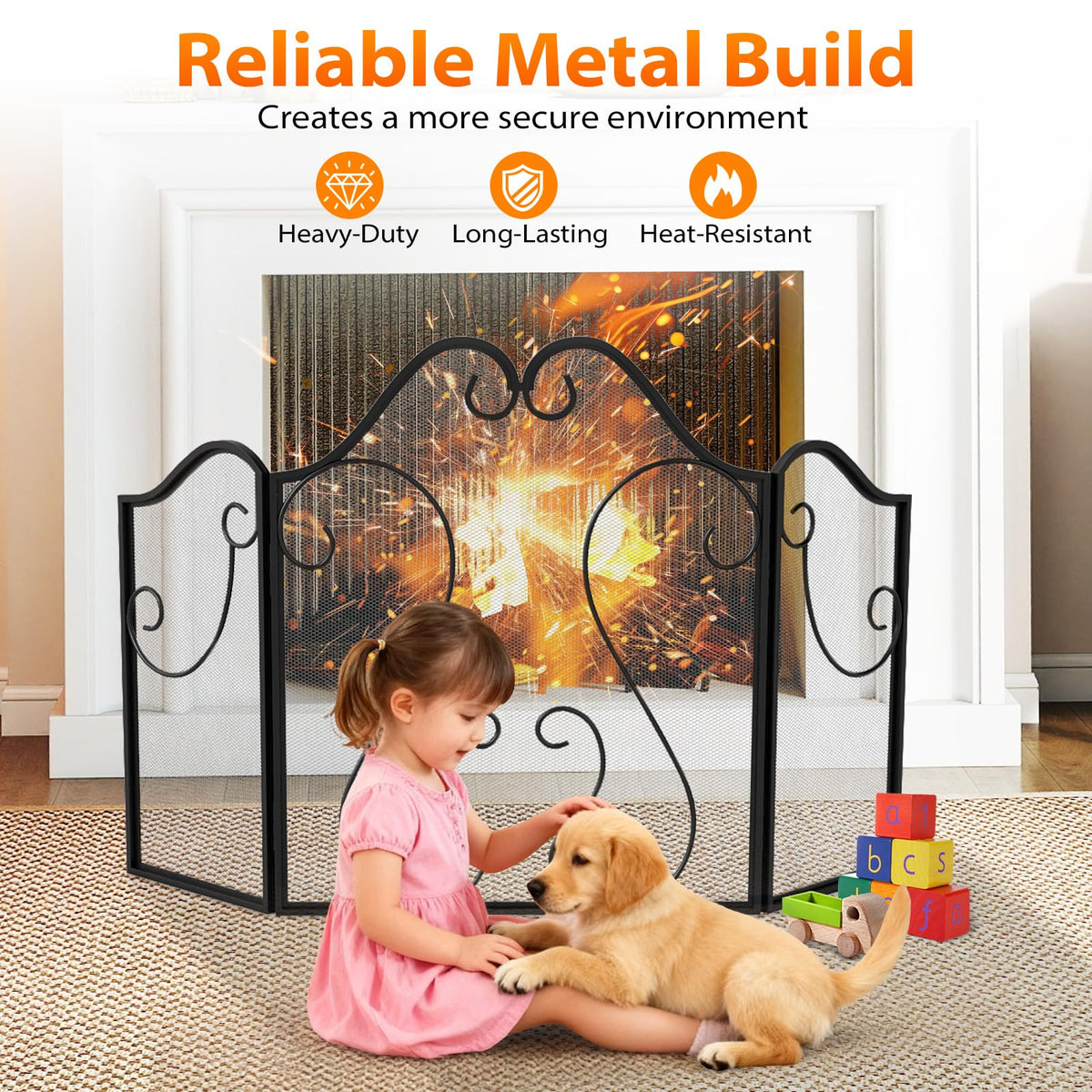 3-Panel Folding Fireplace Screen with Metal Mesh A935351