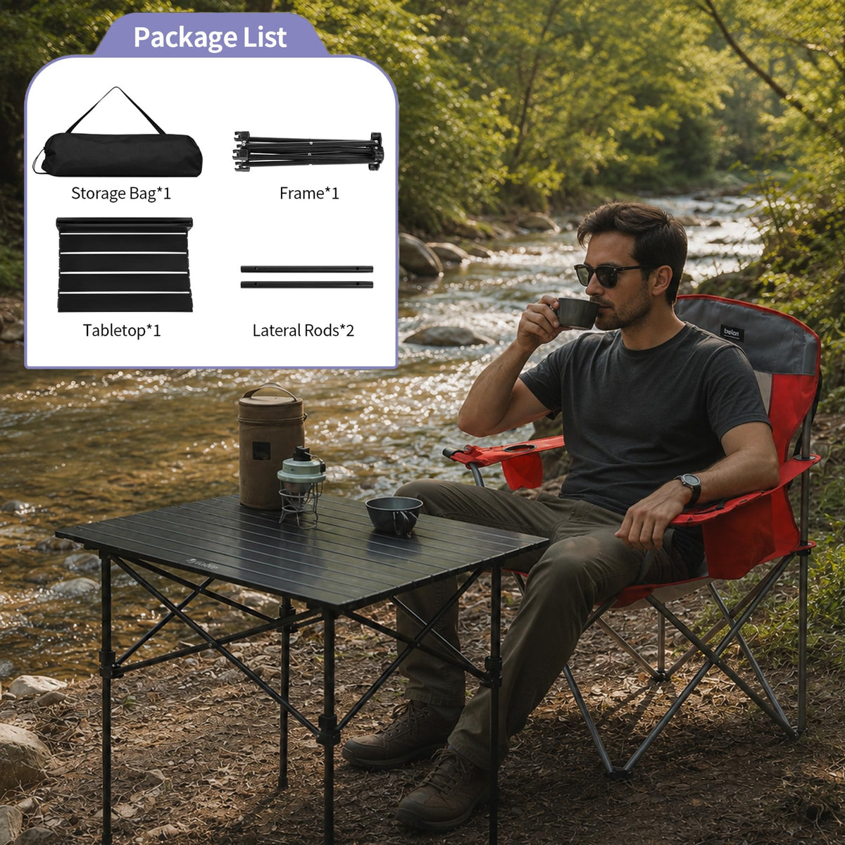 Square Folding Adjustable Height Camping Table, Black E87980
