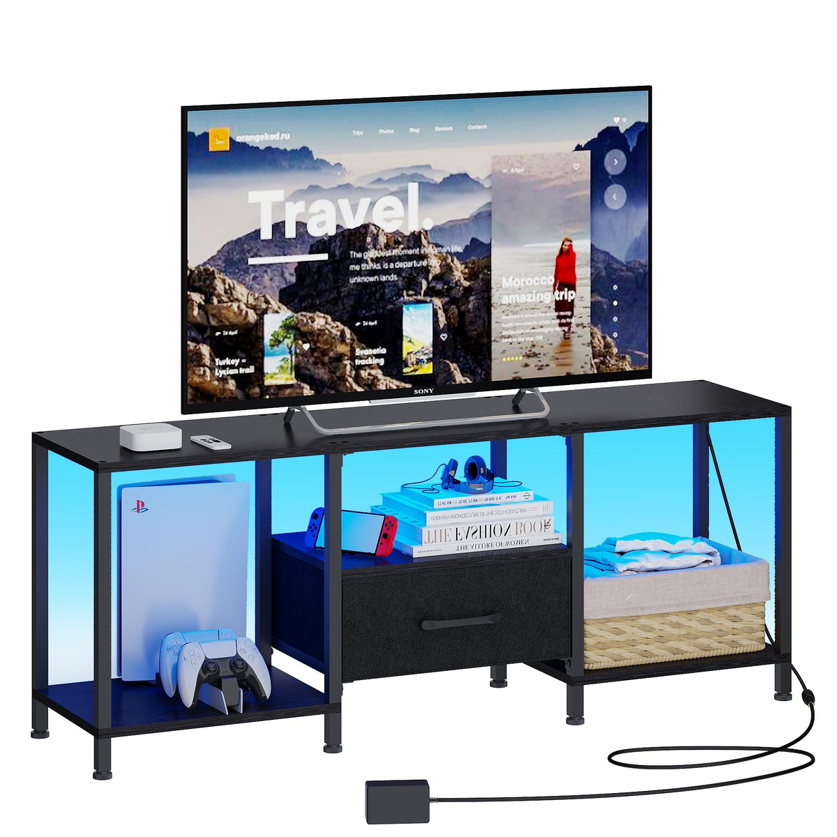 Black TV Stand with LED Lights and Fabric Drawer H94516