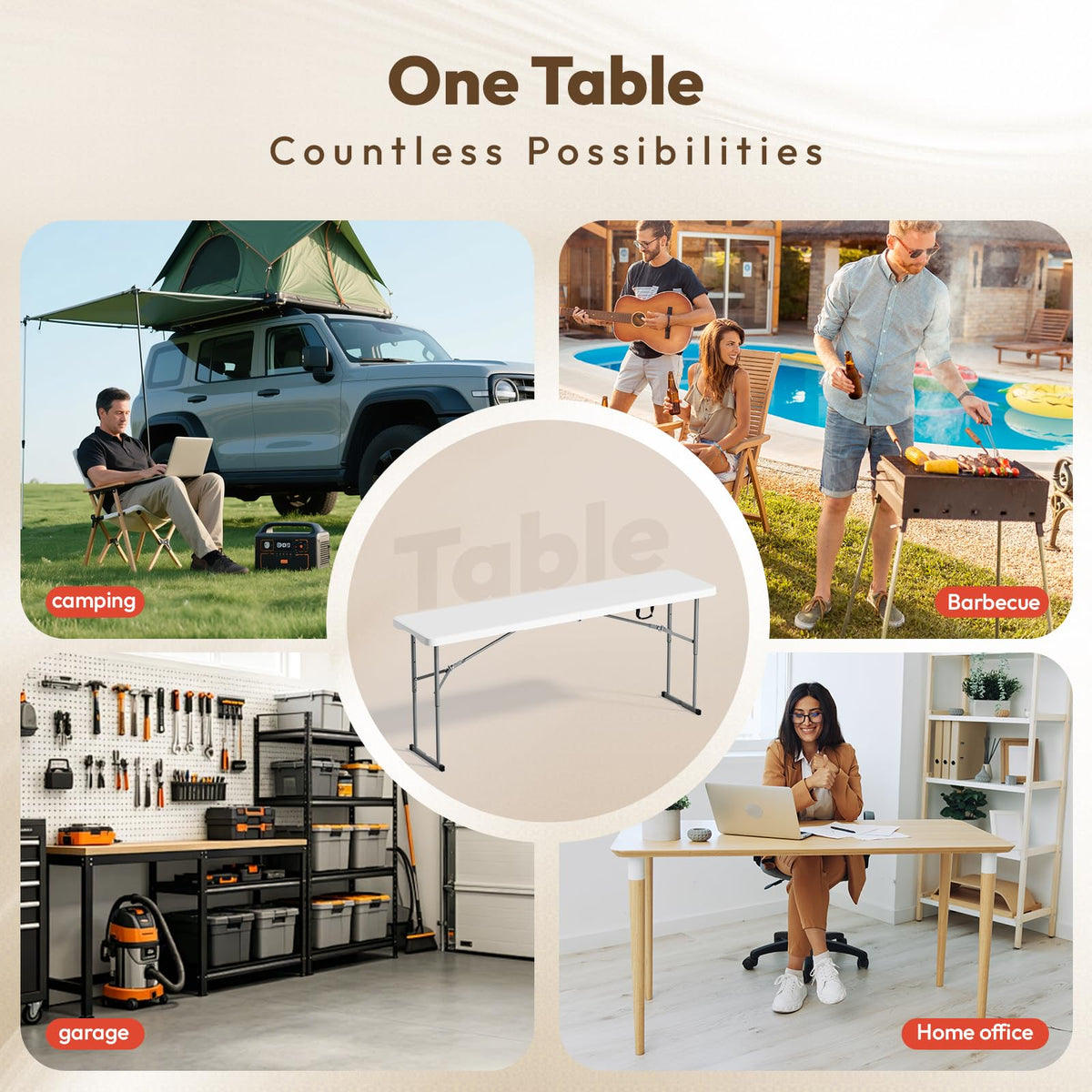 White 6 FT Narrow Folding Table with Carrying Handle D936211