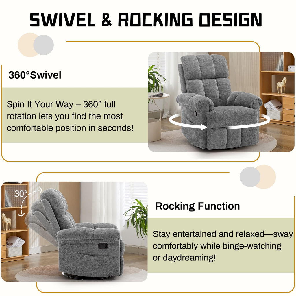 Grey Chenille Swivel Rocker Recliner Chair D9344