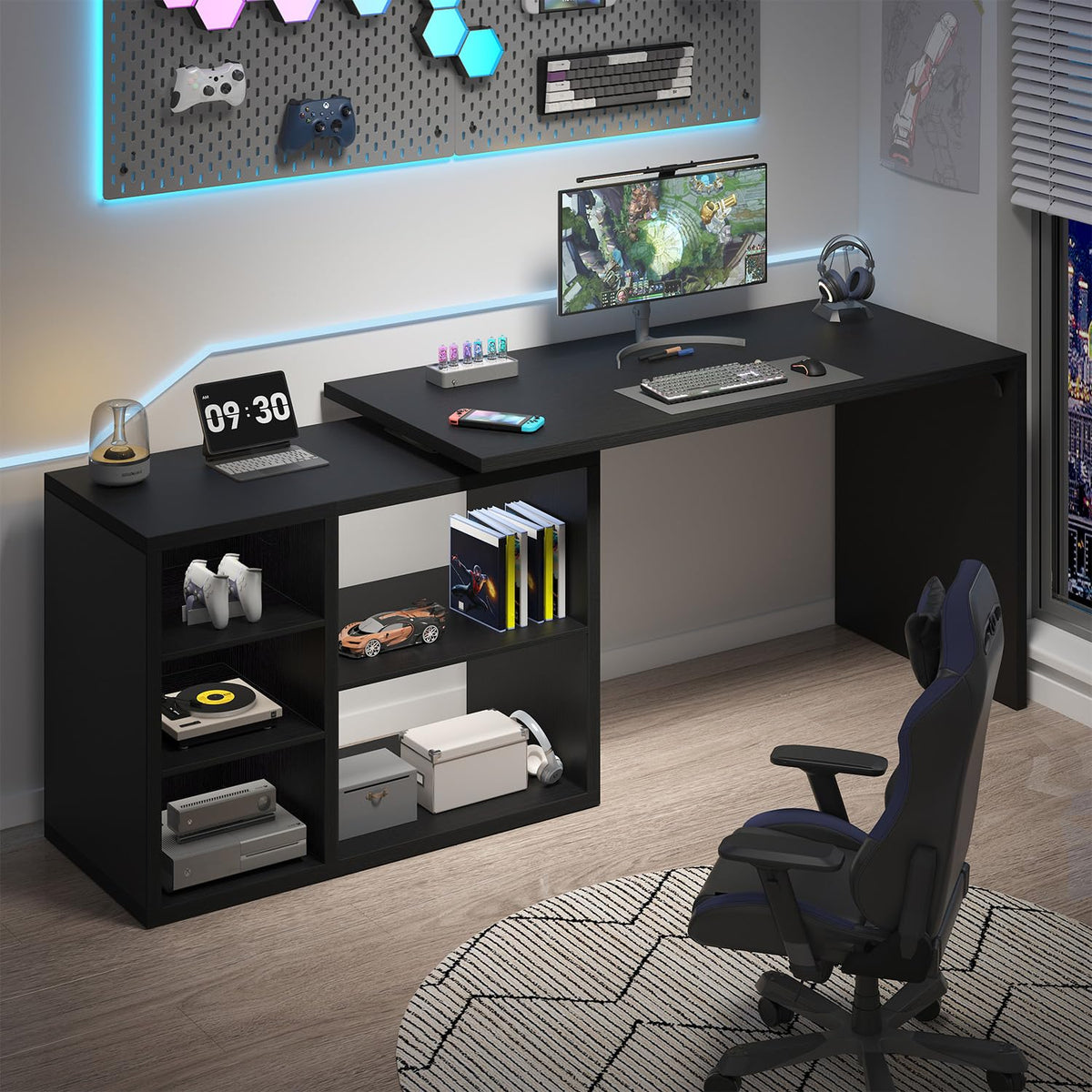 Black L Shaped Wood Computer Desk with Storage O6162