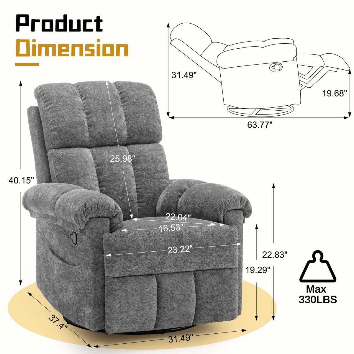 Grey Chenille Swivel Rocker Recliner Chair D9344