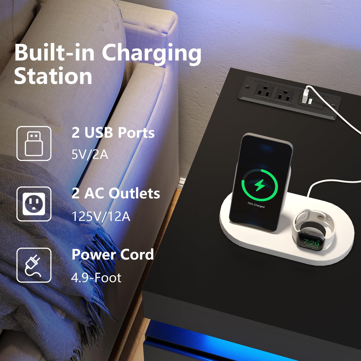 Nightstand with Charging Station, LED Lights, 3 Storage Drawers J5270