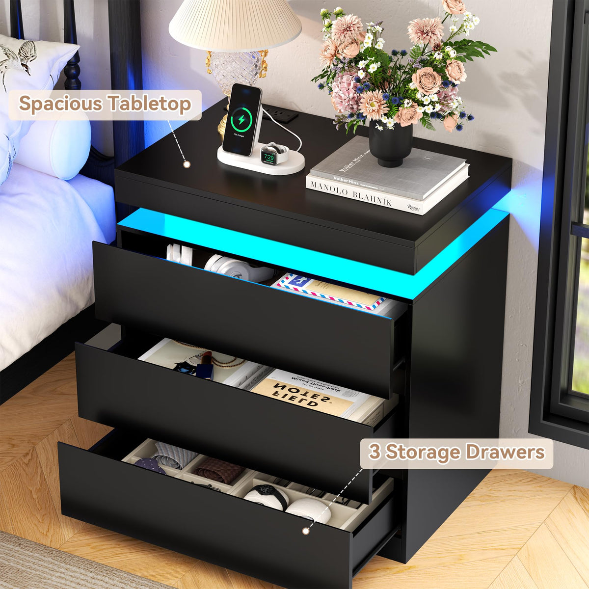 Nightstand with Charging Station, LED Lights, 3 Storage Drawers J5270