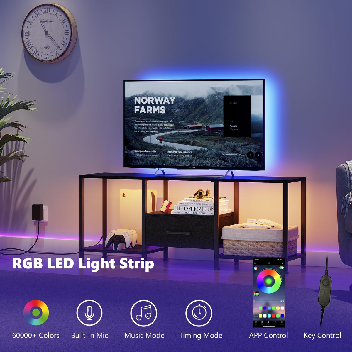 Black TV Stand with LED Lights and Fabric Drawer H94516