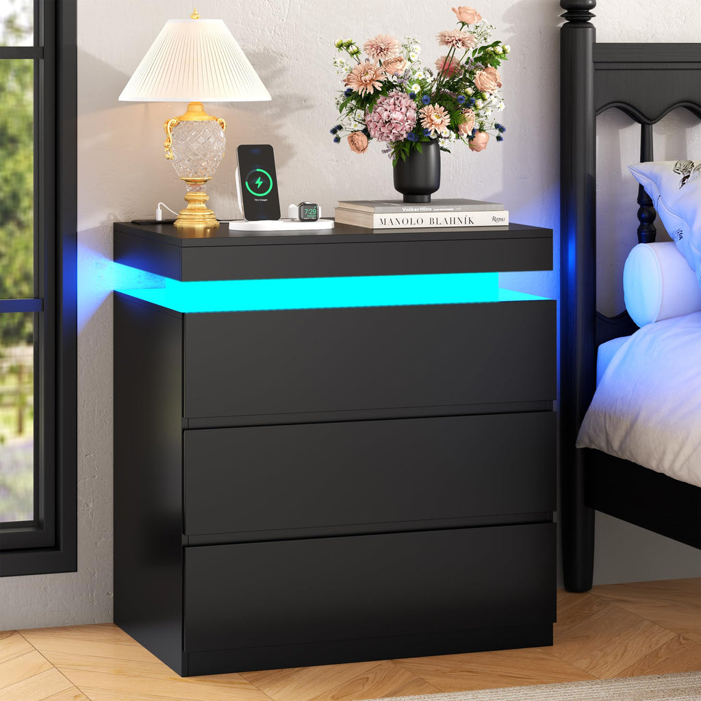 Nightstand with Charging Station, LED Lights, 3 Storage Drawers J5270