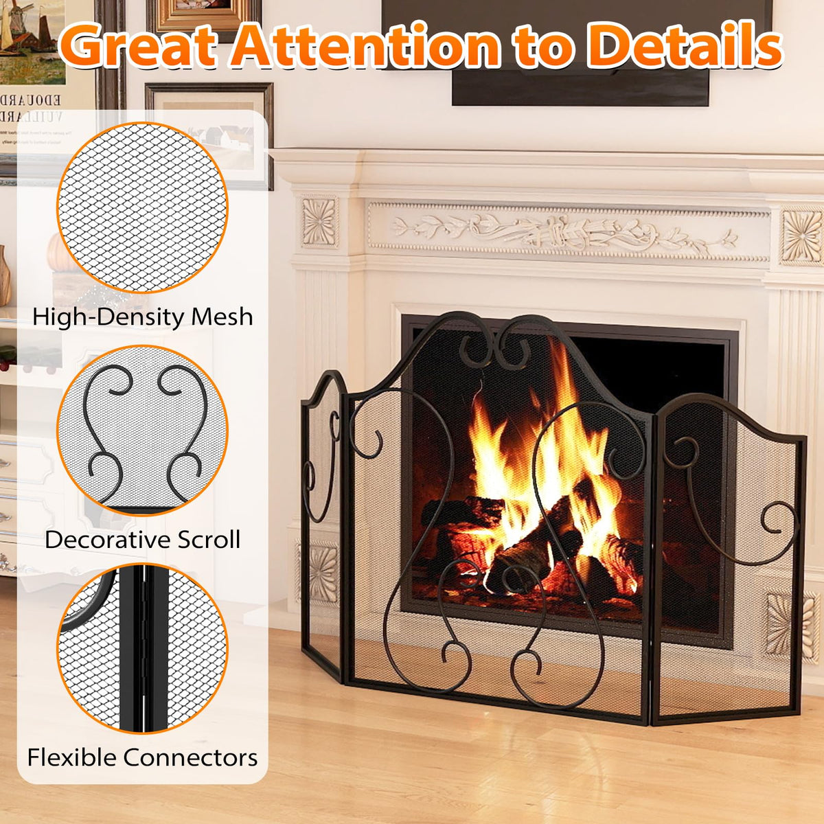 3-Panel Folding Fireplace Screen with Metal Mesh A935351