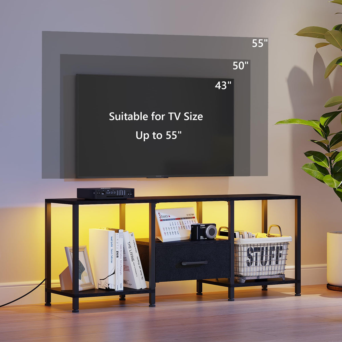 Black TV Stand with LED Lights and Fabric Drawer H94516