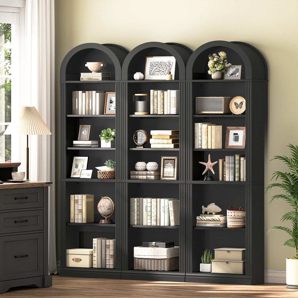 75.8" Tall Narrow 6-Tier Arched Wooden Bookshelf, Black A1733