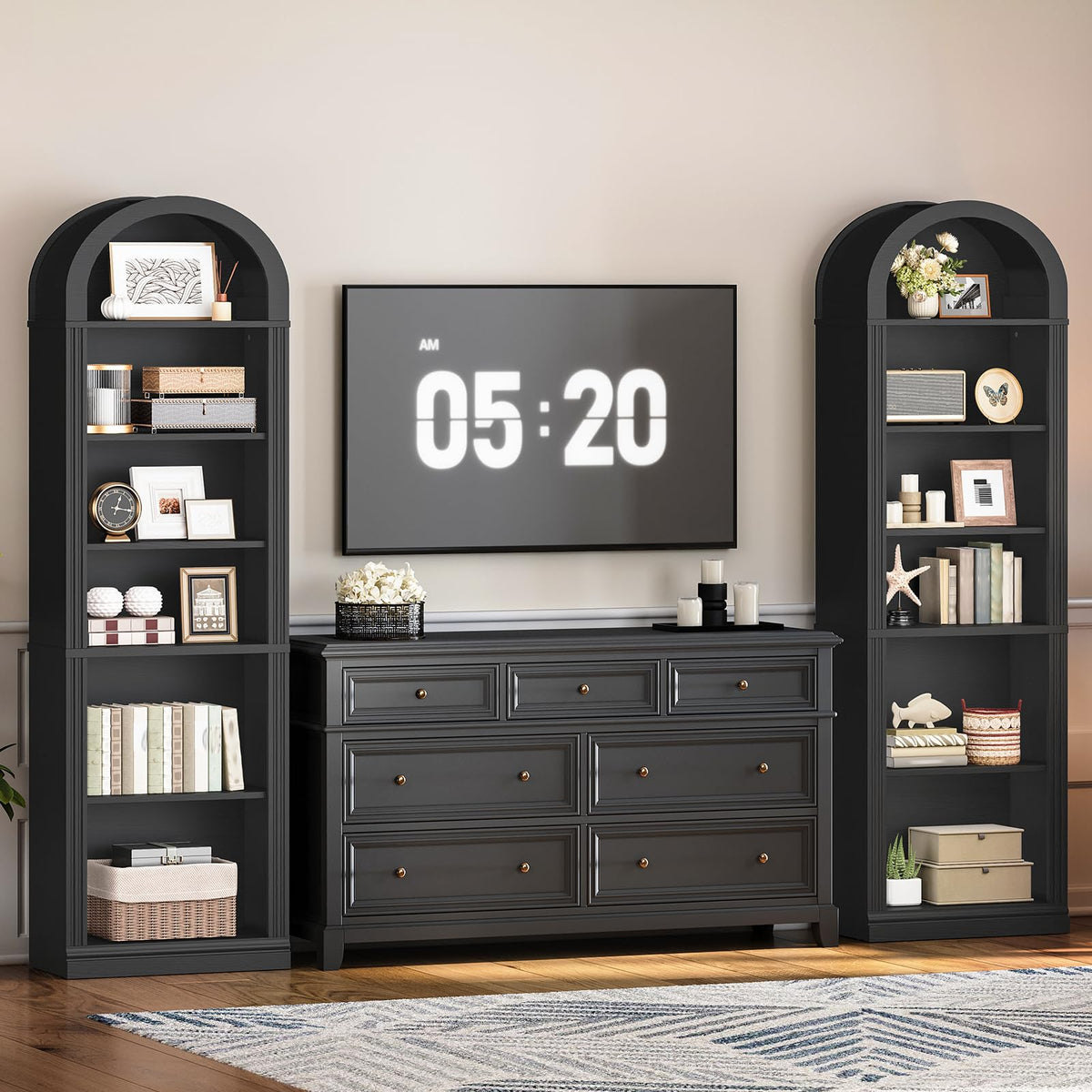 75.8" Tall Narrow 6-Tier Arched Wooden Bookshelf, Black A1733