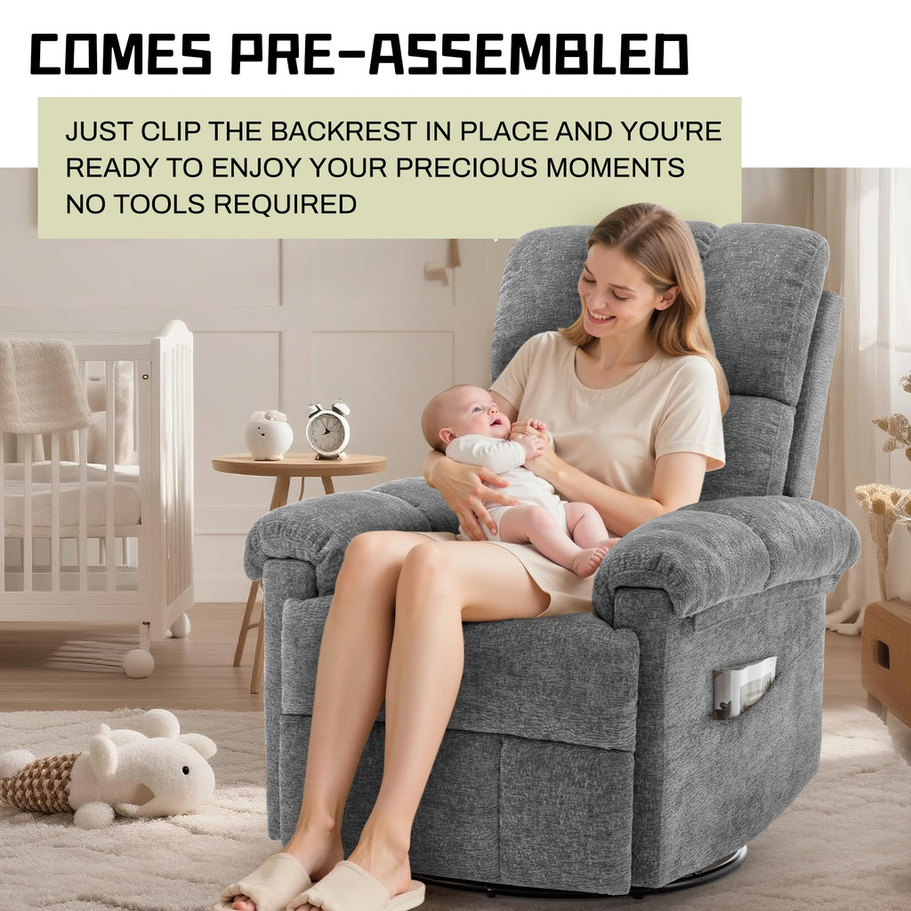 Grey Chenille Swivel Rocker Recliner Chair D9344