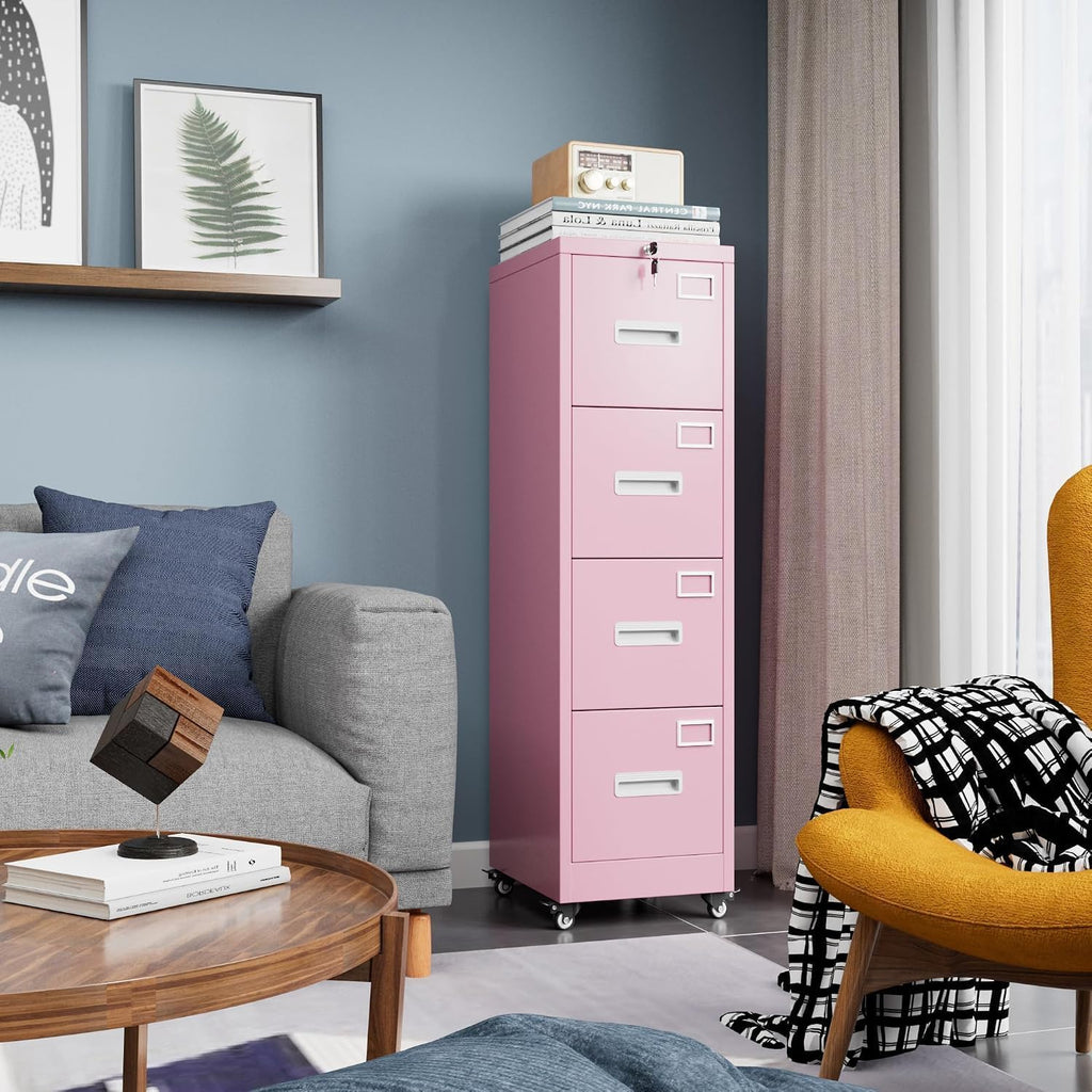 4 Drawer Metal File Cabinet with Lock and Wheels Y618394