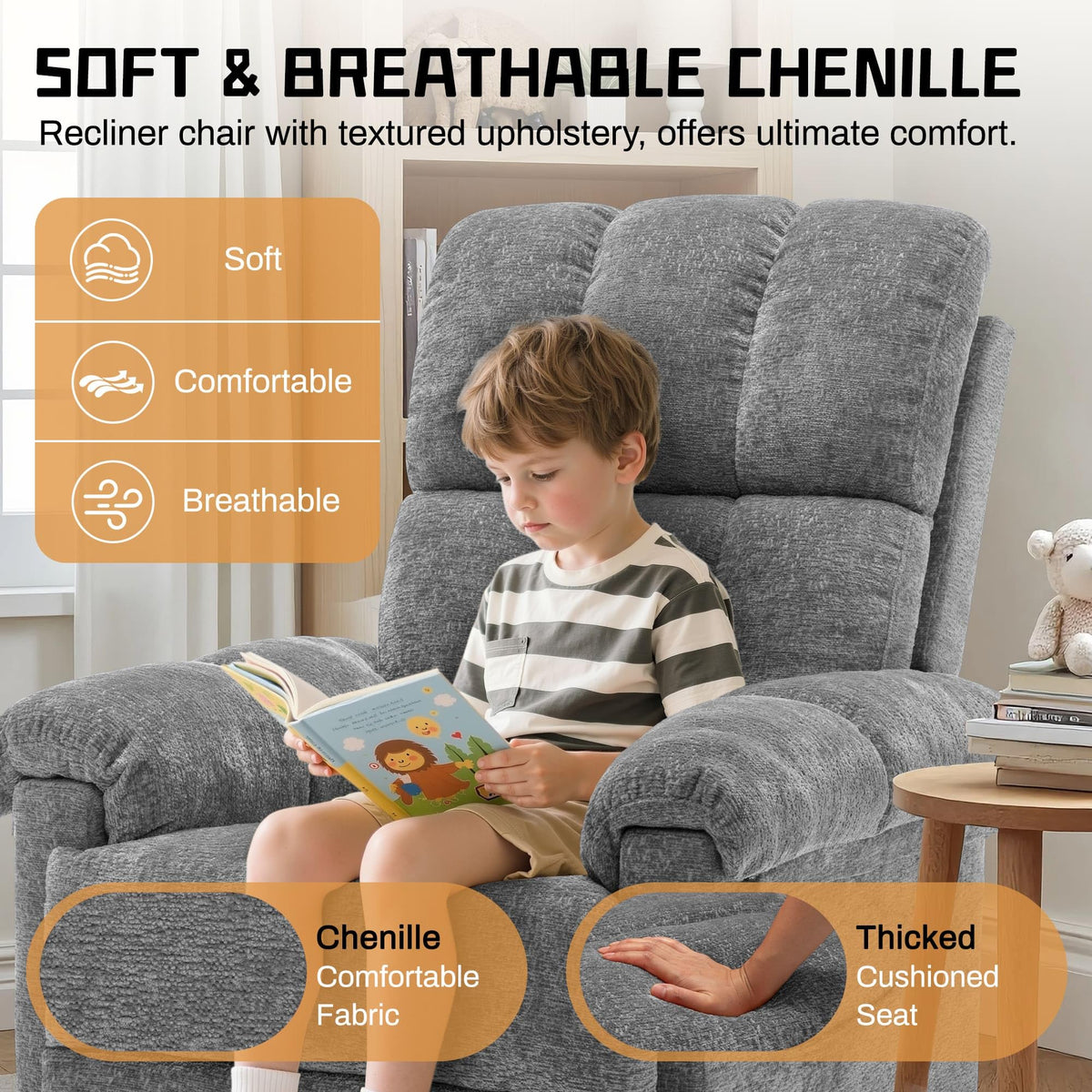 Grey Chenille Swivel Rocker Recliner Chair D9344
