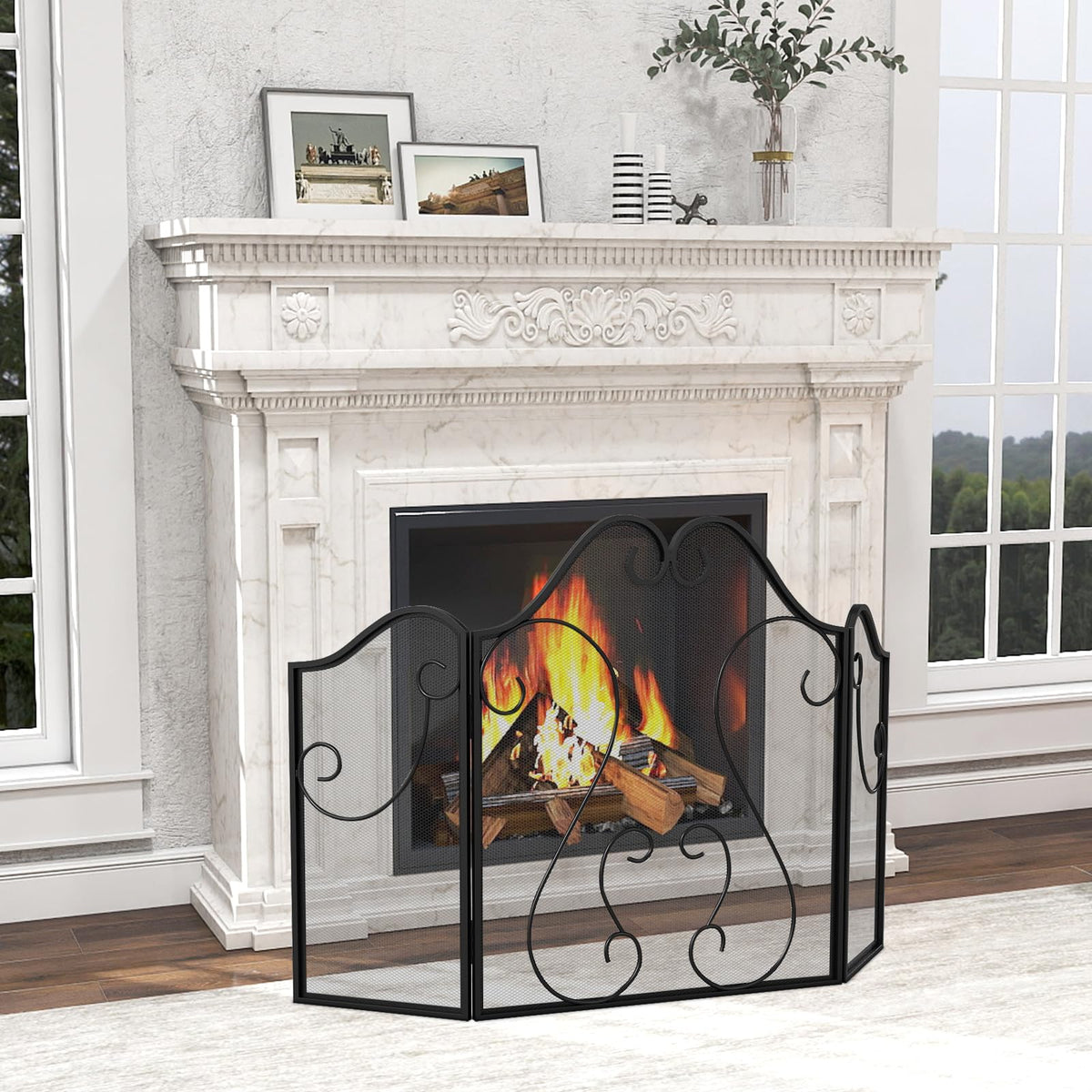 3-Panel Folding Fireplace Screen with Metal Mesh A935351